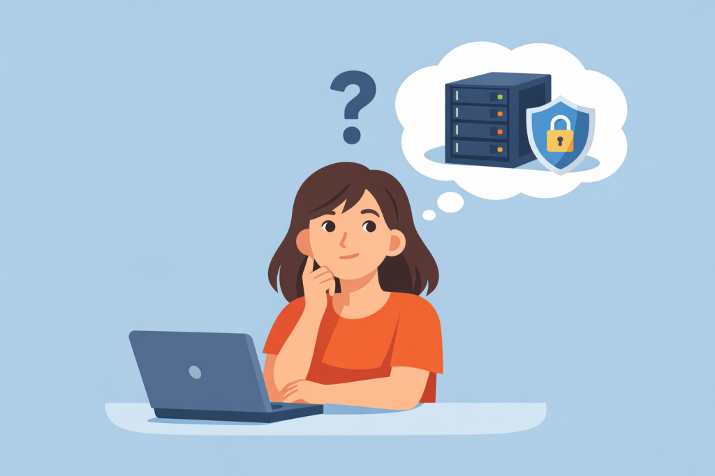 A girl is sitting at a laptop and looking forward thoughtfully, above her head is a question mark and a server cabinet icon with a protection symbol, representing the choice and assessment of the need for a dedicated server.