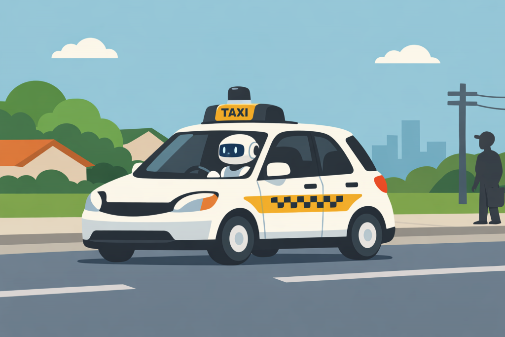 An autonomous taxi with a robot driver at the wheel is driving along a city road, with houses, pedestrians, and city infrastructure depicted nearby.