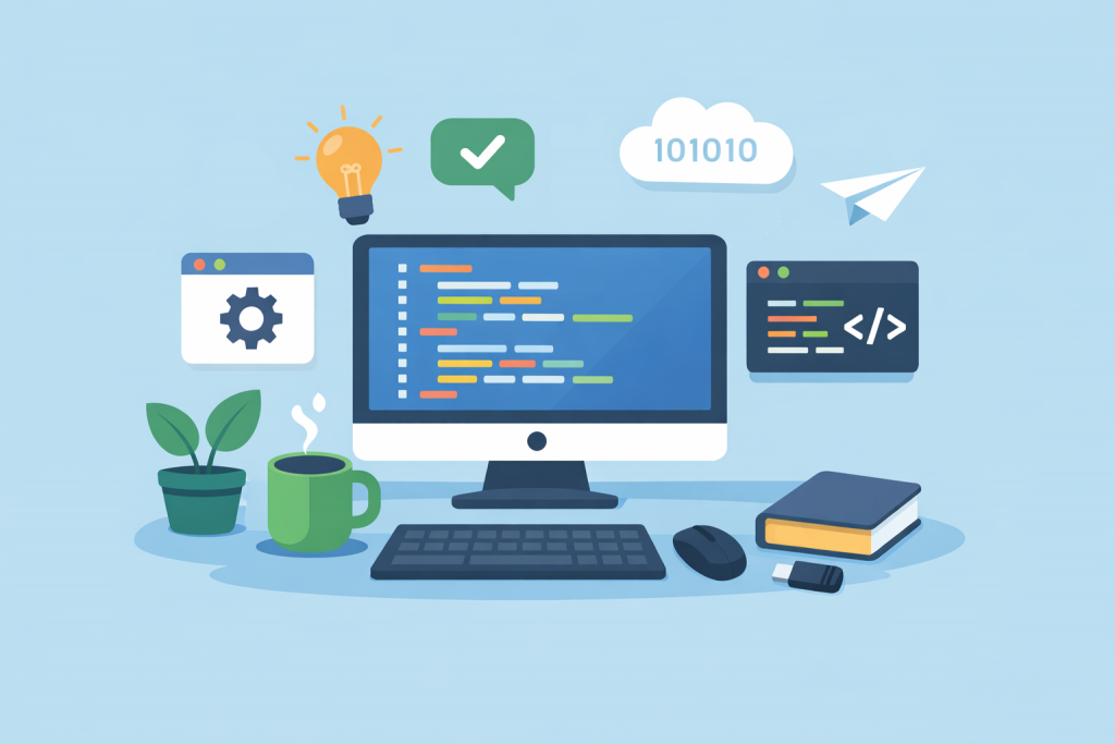 Programmer's workplace with computer, code on screen and digital infrastructure elements.