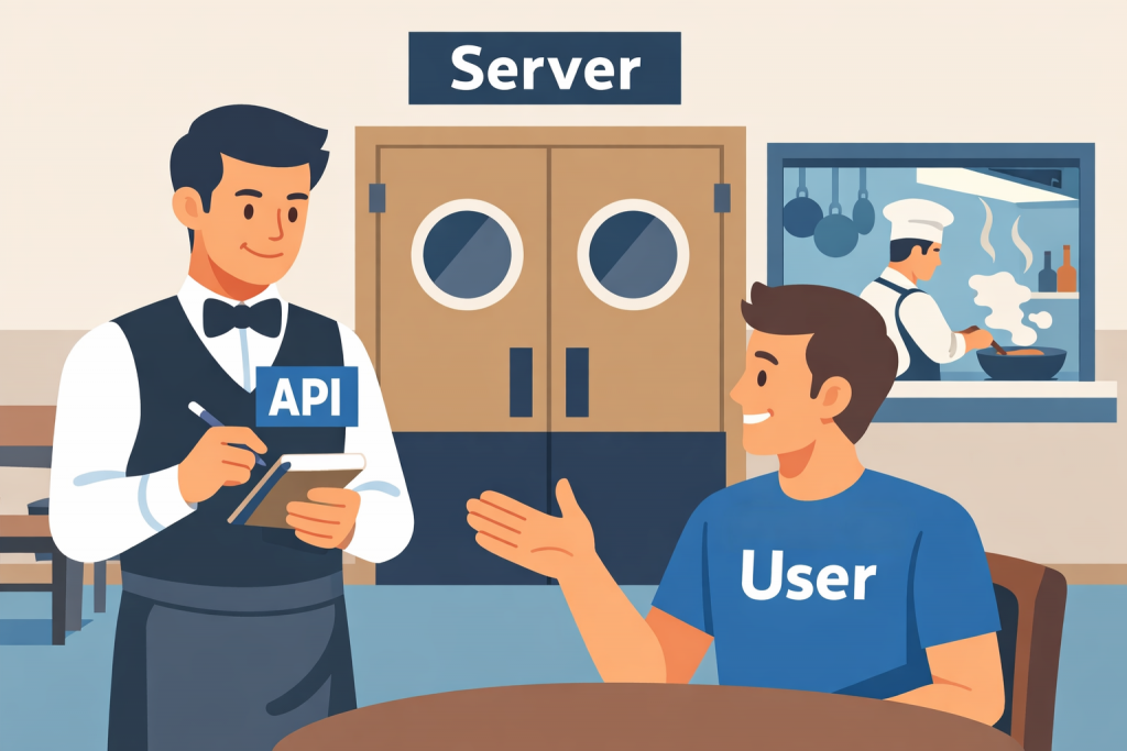Illustration of a waiter with the inscription API taking an order from a user at a table and passing it to the kitchen with the inscription Server.