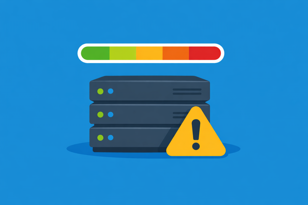 A server rack with several servers, next to a yellow warning sign, and above them a resource fill indicator that changes from the green zone to red.