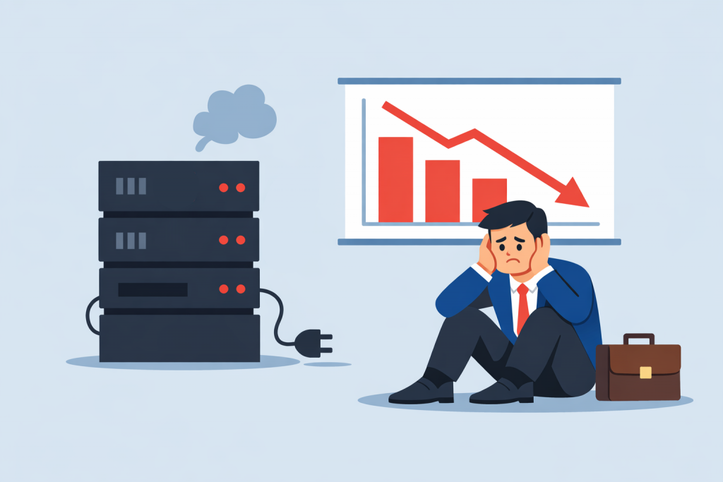 A man in business attire sits on the floor with a depressed look next to a server rack from which smoke is coming, a graph with falling indicators is shown on the wall behind him.