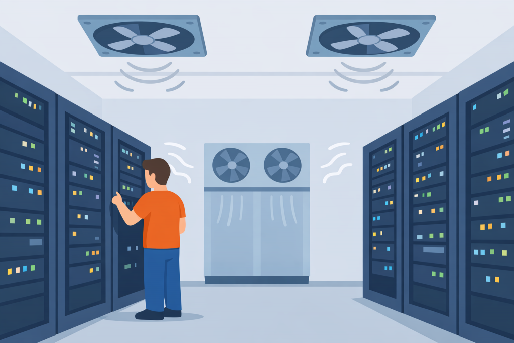 A man stands between server racks in a data center, over which large ventilation systems and air conditioners operate, providing cooling for the equipment.
