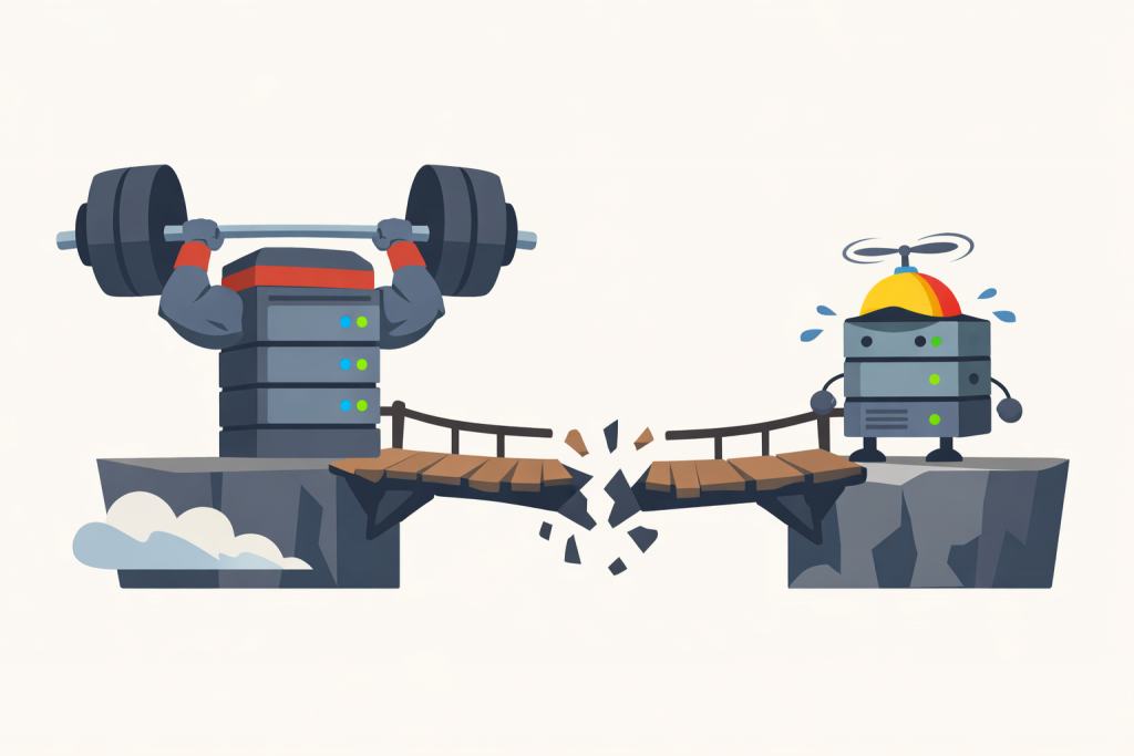 Two servers stand on separate platforms connected by a broken wooden bridge: the left server is lifting a barbell, the right one looks overloaded and unstable, with a structural break visible between them.