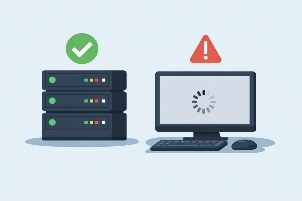 The server is working correctly and responding to requests, but the site on the user's screen does not load and hangs with an error.