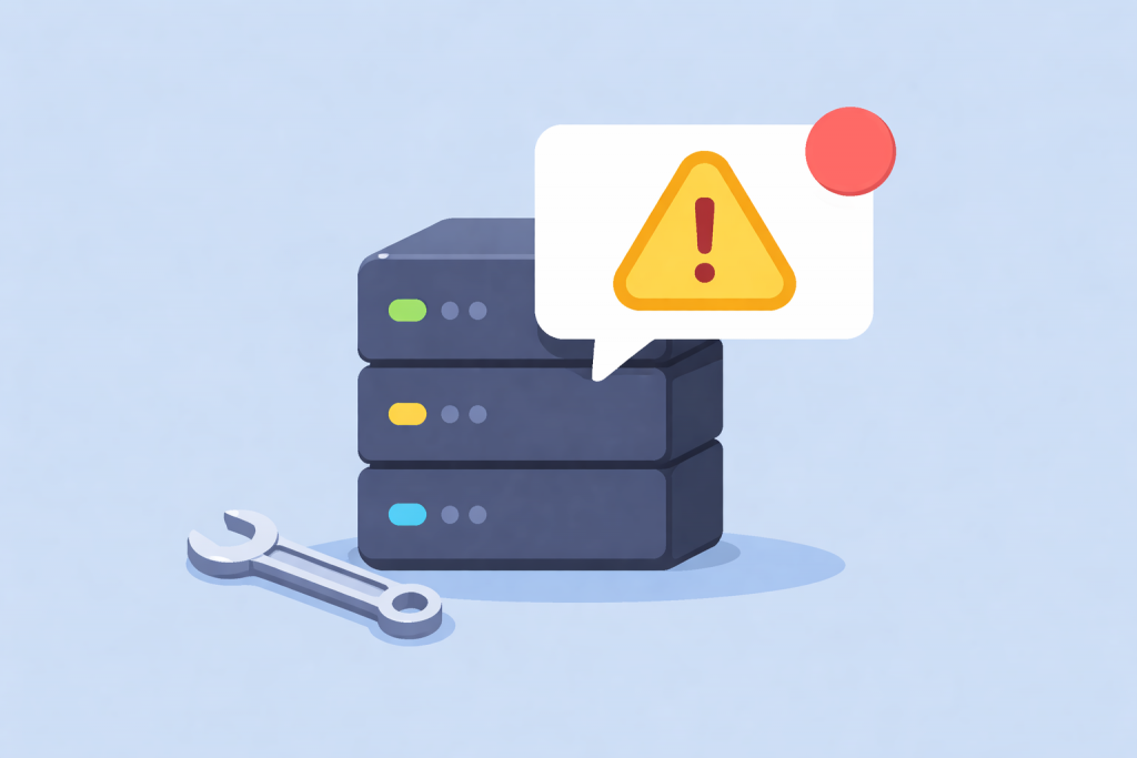 Virtual server with status indicators, warning sign and wrench next to it.