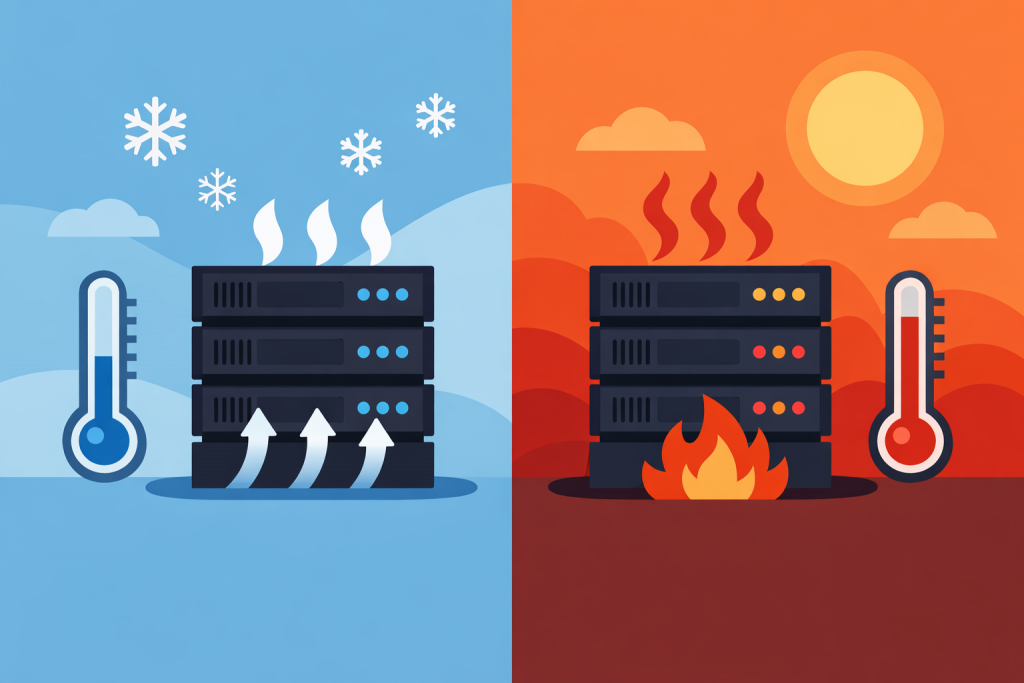Servers in normal and critical temperature conditions with cooling performance.