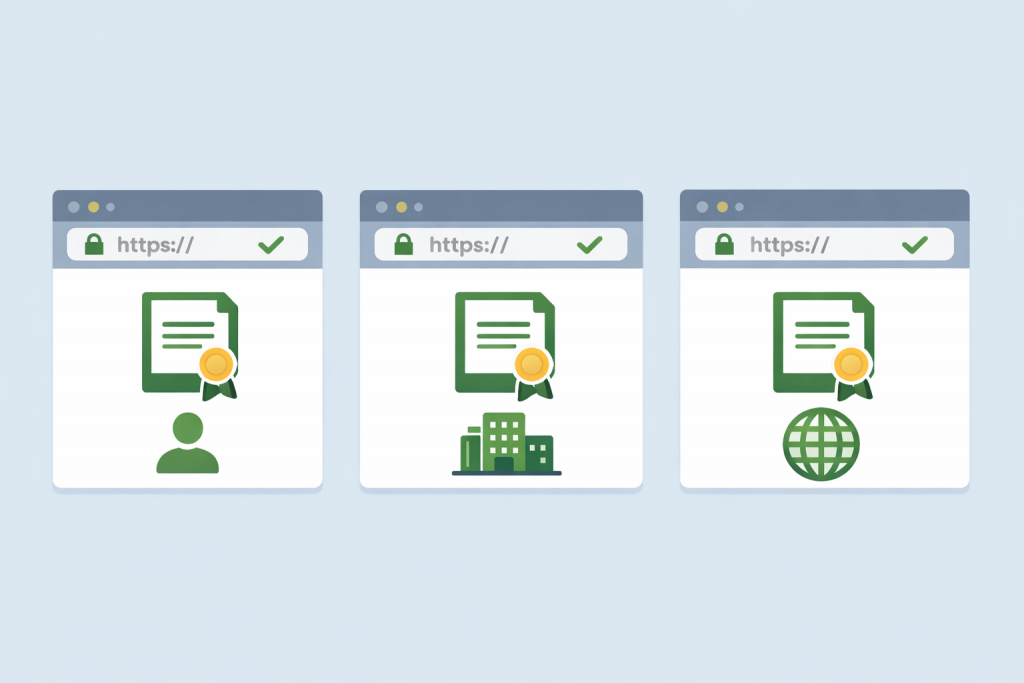 Three HTTPS options with different certificates for a personal site, business, and international project.