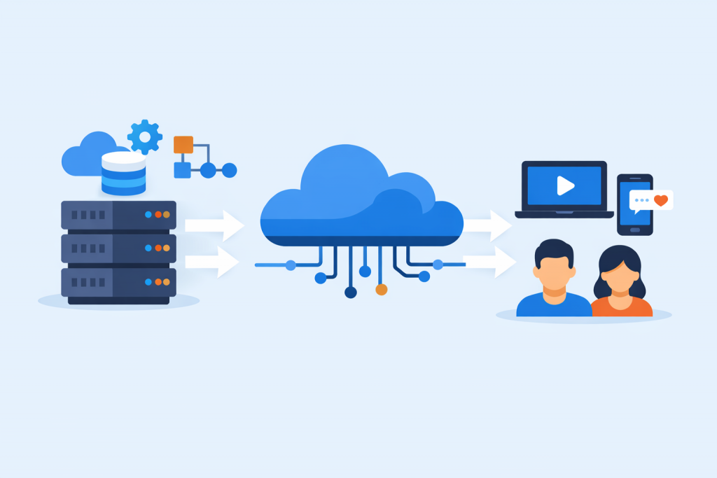 Servers, cloud with data streams and arrows leading to devices and users.