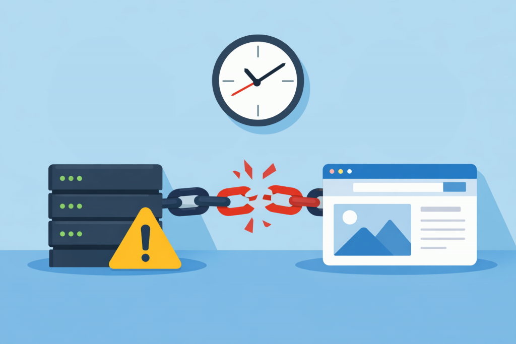 A server and a website connected by a broken chain, a warning icon next to the server, and a clock on top indicating a time synchronization problem between the systems.