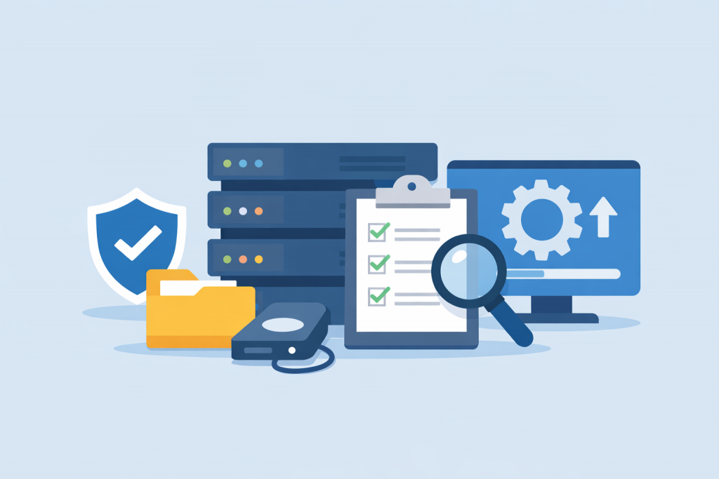 Servers, checklist with marks, magnifying glass, backup disk and system settings screen.