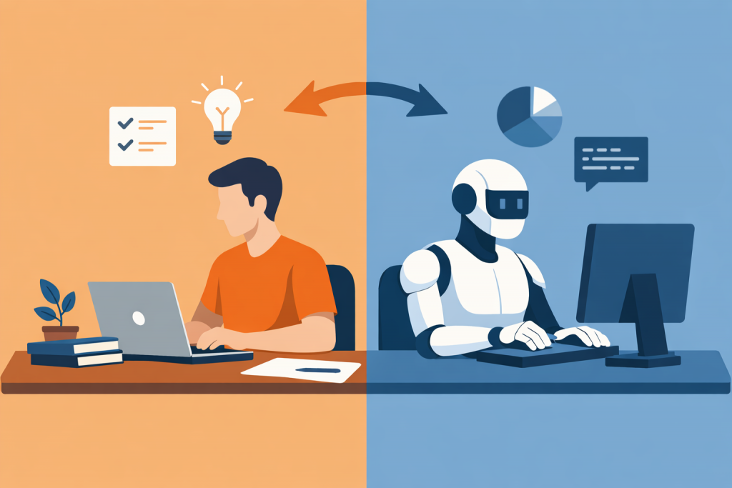 A person at a laptop and a robot at a computer, with an arrow between them showing the transfer of tasks.