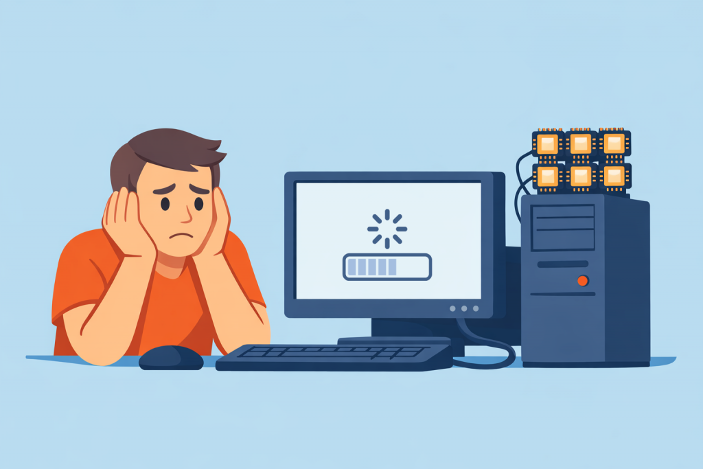 A user at a computer waiting to download, next to a server with many processor cores, showing the lack of performance gain from their number.