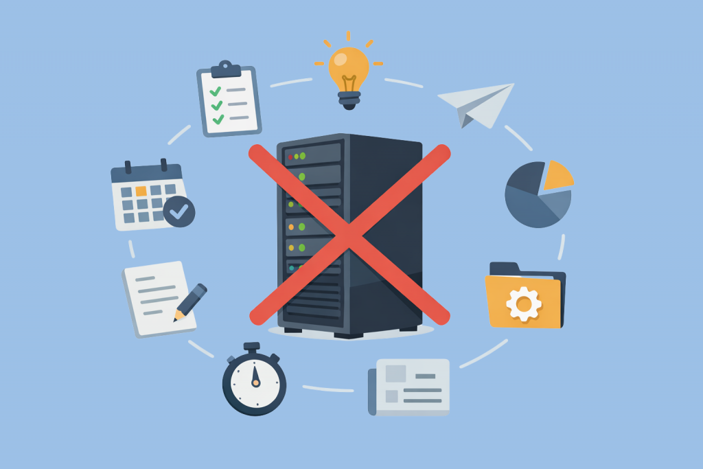 A dedicated server with a prohibitory sign and icons of different types of tasks that do not require separate physical infrastructure.
