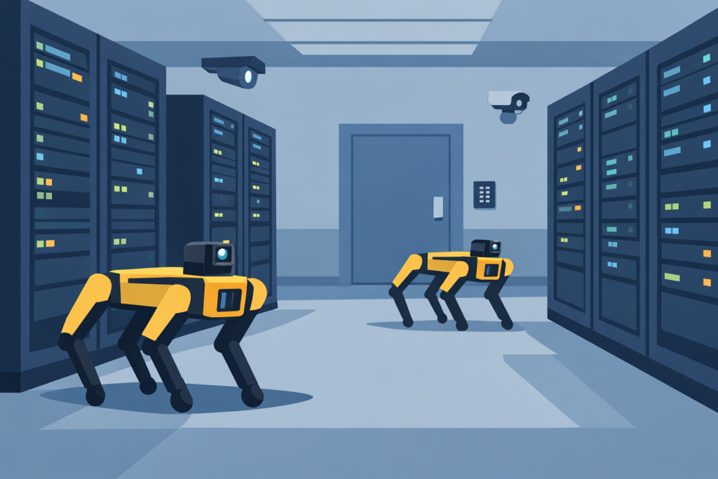 Security robots in a server room among server racks and surveillance cameras.