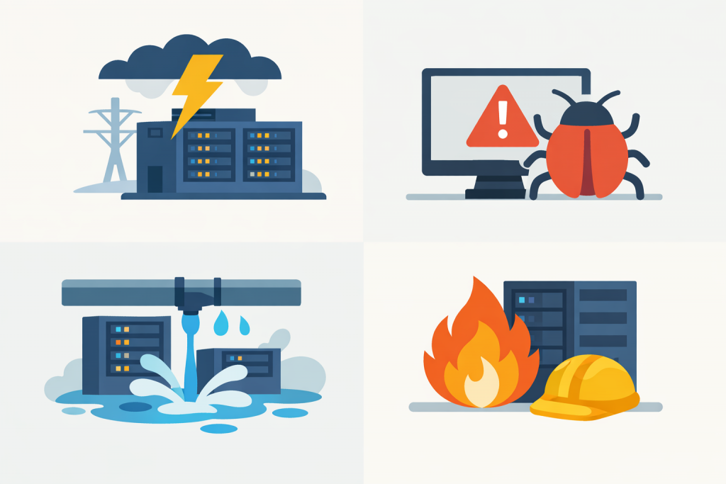 Server infrastructure outage scenarios: power outage, software failures, water leaks, and data center fire.