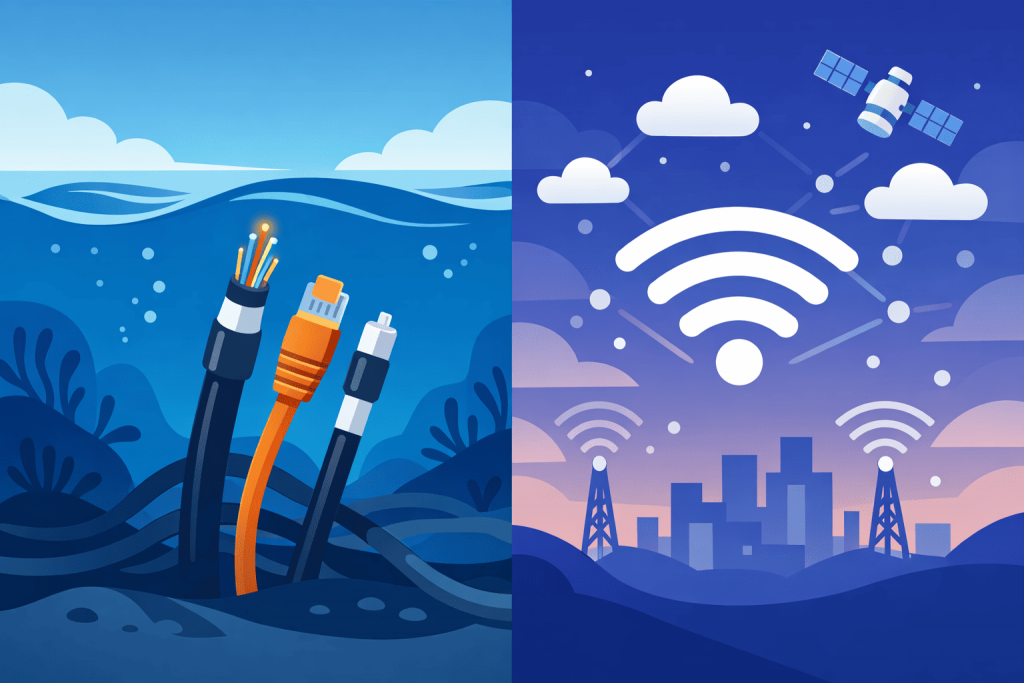 Comparison of underwater internet cables and wireless data transmission via satellites and communication networks.