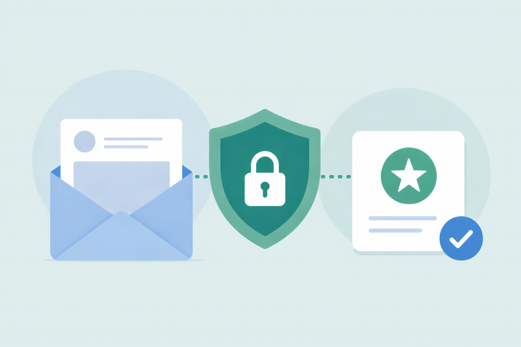 An envelope with a letter, a shield with a lock and a card with a confirmation mark symbolizing data protection and trust verification.
