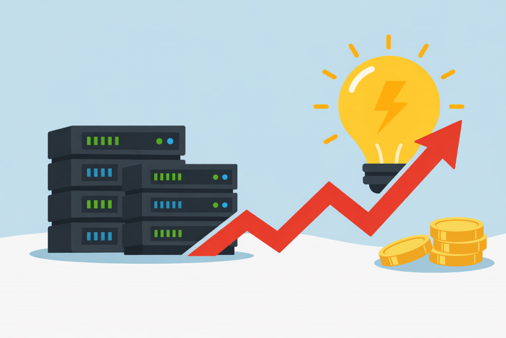 Servers next to a light bulb and an arrow rising upwards symbolize rising energy costs and the impact on server solutions.