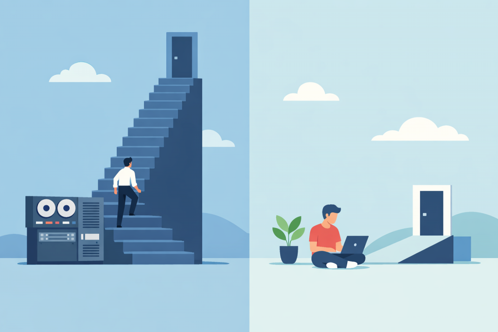 On the left, a person is climbing stairs next to a large server, on the right, a person is working with a laptop near a simple entrance, symbolizing simplified access to IT.