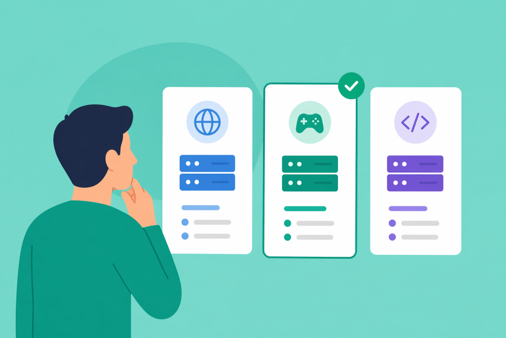 A person chooses between several VPS recipe options, one of which is highlighted as the optimal choice for a specific task.