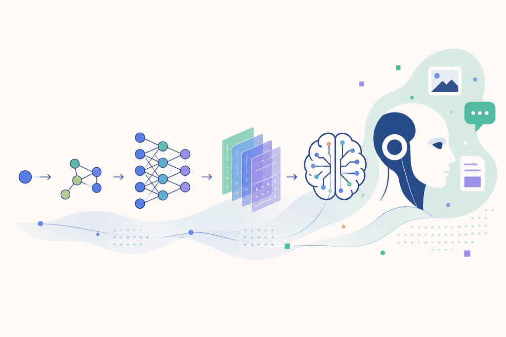 The visual evolution of artificial intelligence: from simple connections and neural networks to complex models and a digital assistant.