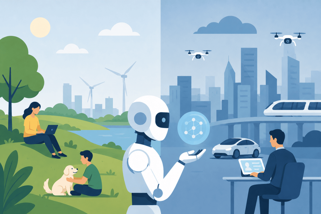 An artificial intelligence robot between the natural environment and the technological city of the future, where people, drones and autonomous transport work.