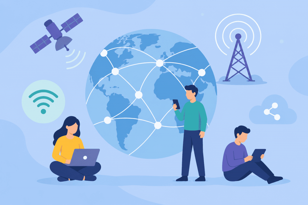 People use a laptop, smartphone and tablet against the background of a global network, satellite, Wi-Fi and communication tower.