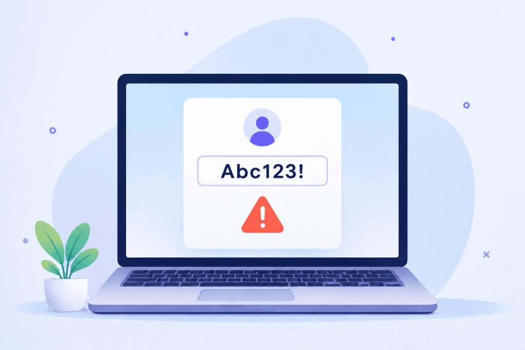 The laptop screen shows an example of a weak password Abc123! and a danger warning sign.