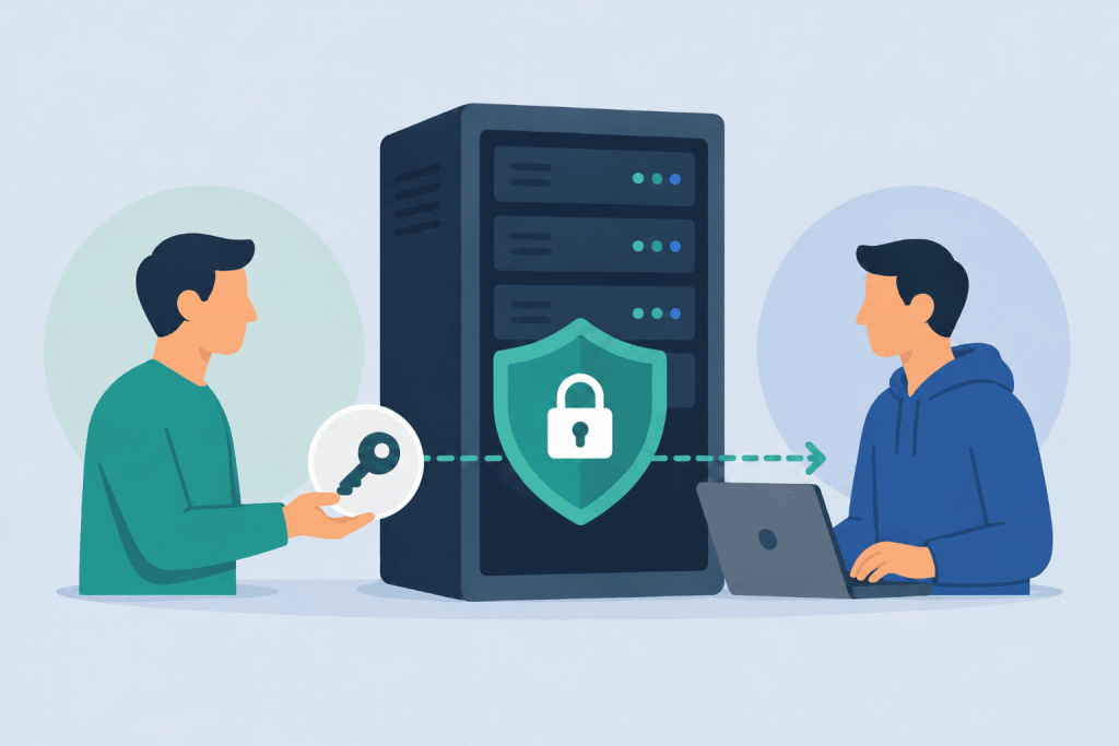 One user transfers the server access key to another user, and the server shows a security shield with a lock.