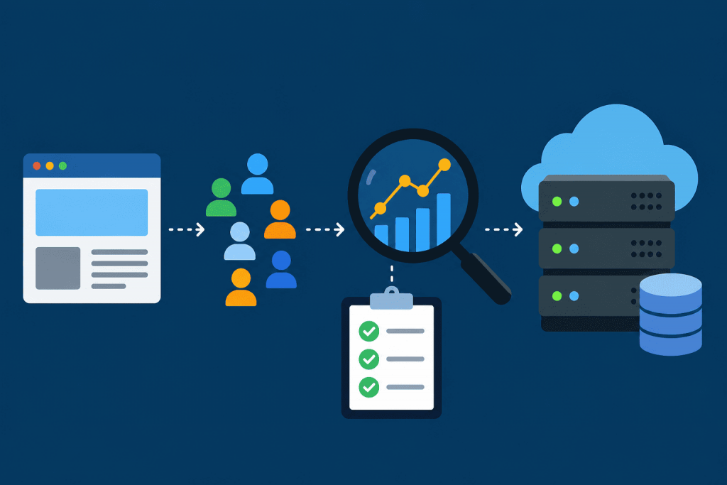 A resource selection scheme for the site: from the page and users through load analysis to the server infrastructure and database.