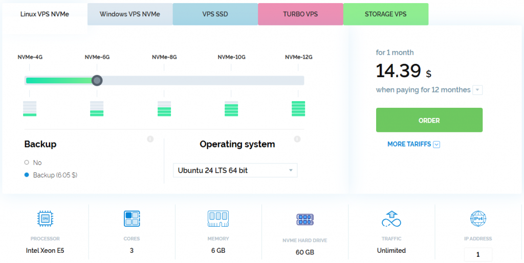 Linux VPS NVMe-6G plan configuration: Intel Xeon E5 processor, 3 cores, 6GB RAM, 60GB NVMe, unlimited traffic, 1 IP address.