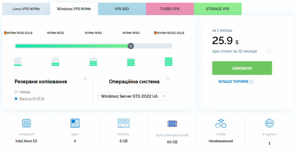 Windows VPS NVMe-W6G plan configuration: Intel Xeon E5 processor, 4 cores, 6GB RAM, 60GB NVMe, unlimited traffic, 1 IP address.