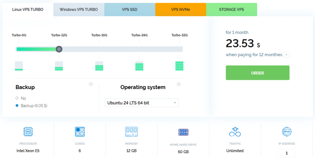 Linux VPS Turbo-12G plan configuration: Intel Xeon E5 processor, 6 cores, 12GB RAM, 50GB NVMe, unlimited traffic, 1 IP address.