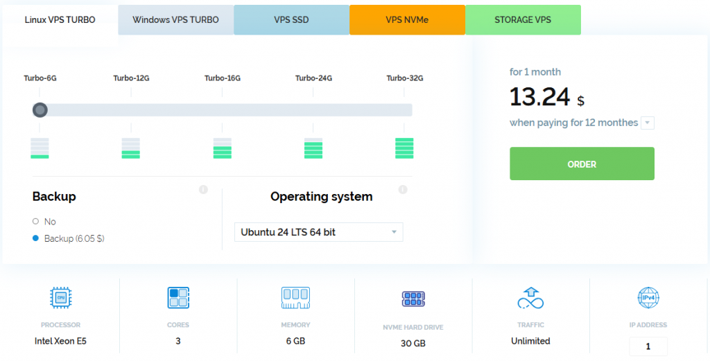 Linux VPS Turbo-6G plan configuration: Intel Xeon E5 processor, 3 cores, 6GB RAM, 30GB NVMe, unlimited traffic, 1 IP address.