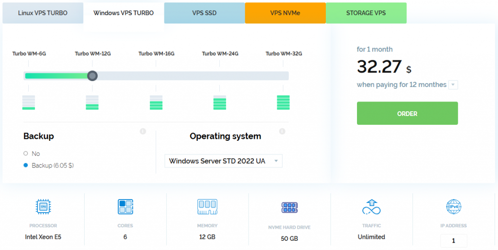 Windows VPS Turbo WM-12G plan configuration: Intel Xeon E5 processor, 6 cores, 12GB RAM, 50GB NVMe, unlimited traffic, 1 IP address.
