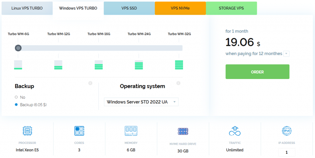 Windows VPS Turbo WM-6G plan configuration: Intel Xeon E5 processor, 3 cores, 6GB RAM, 30GB NVMe, unlimited traffic, 1 IP address.