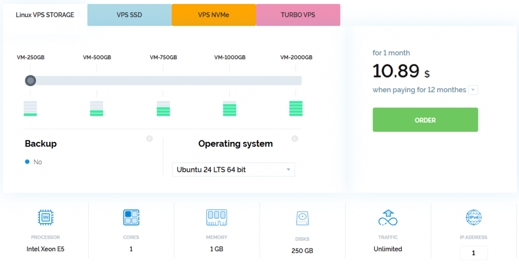Linux VPS VM-250GB plan configuration: Intel Xeon E5 processor, 1 core, 1GB RAM, 250GB HDD, unlimited traffic, 1 IP address.