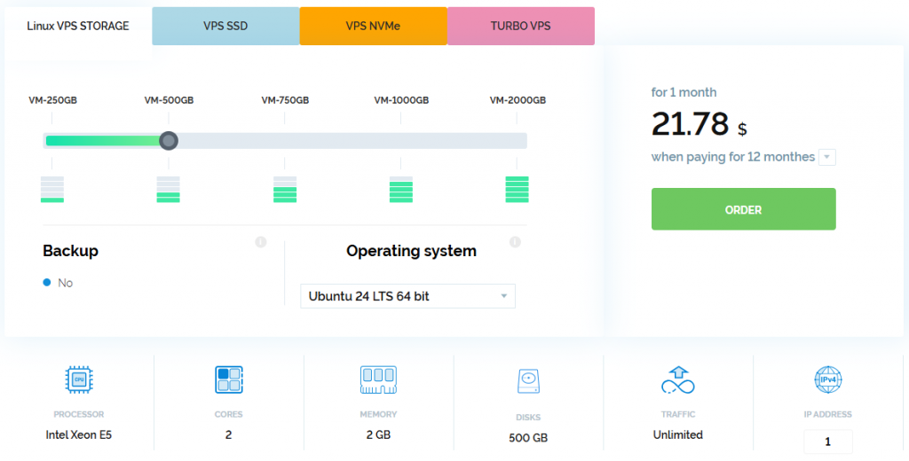 Linux VPS VM-500GB plan configuration: Intel Xeon E5 processor, 2 cores, 2GB RAM, 500GB HDD, unlimited traffic, 1 IP address.