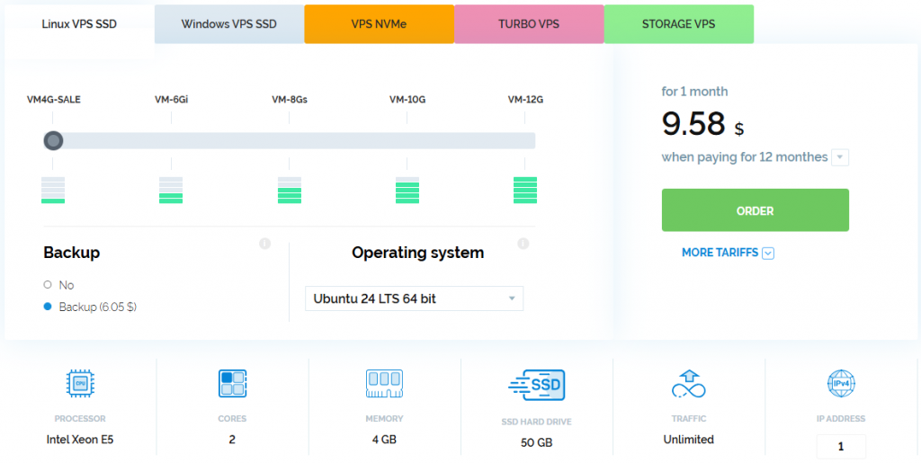 Linux VPS VM4G-SALE plan configuration: Intel Xeon E5 processor, 2 cores, 4GB RAM, 50GB SSD, unlimited traffic, 1 IP address.