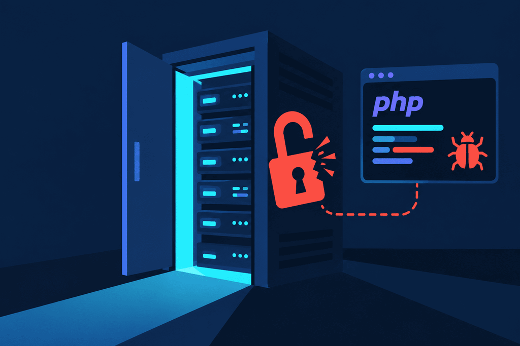 A server with a broken lock next to a window representing a PHP-based website, symbolizing the exploitation of vulnerabilities for unauthorized access.