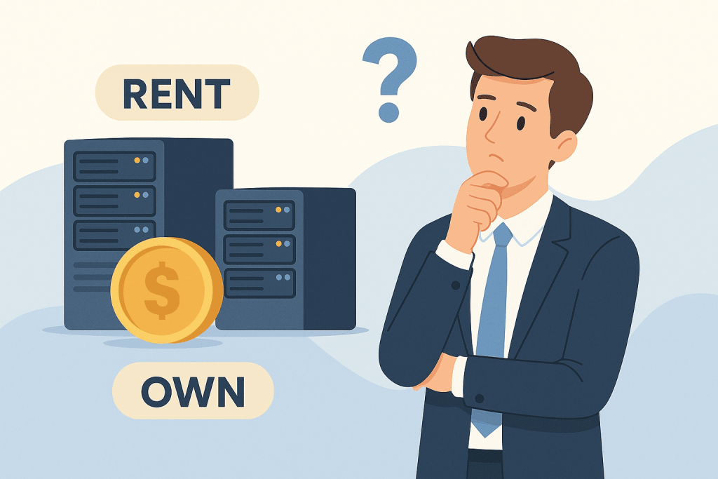 Человек в деловом костюме размышляет между арендой и покупкой сервера, рядом с иконками серверов и монетой.