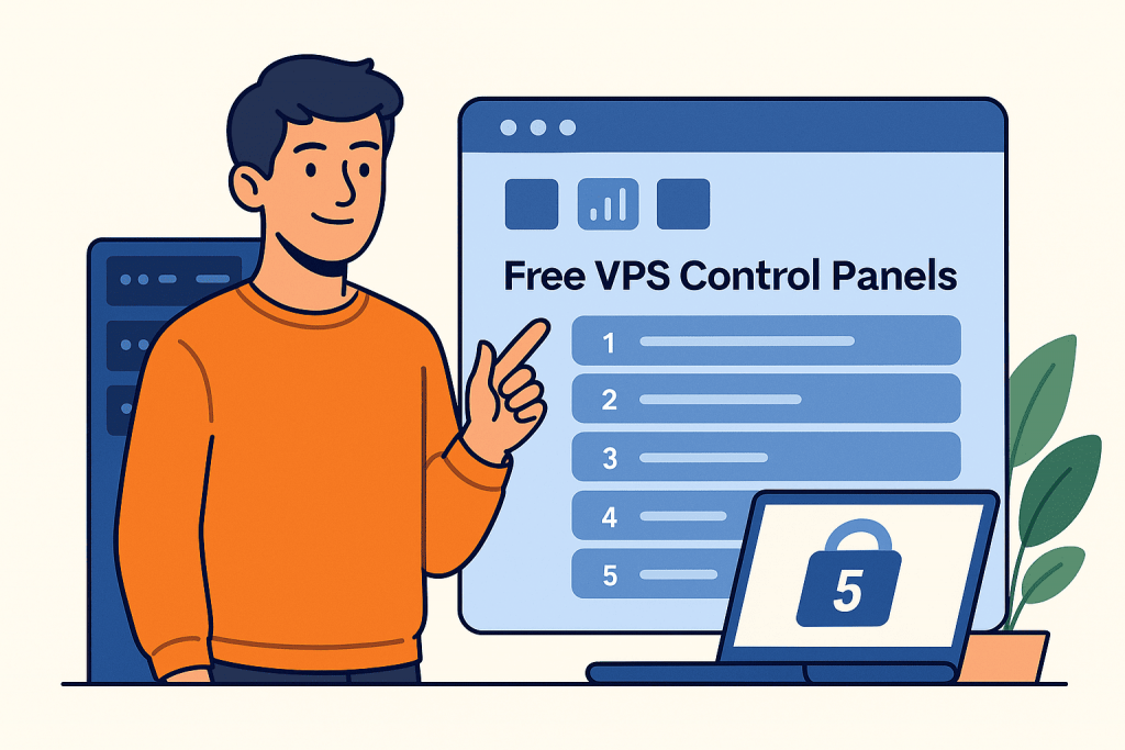 Человек показывает на экран со списком бесплатных панелей управления для VPS-серверов.