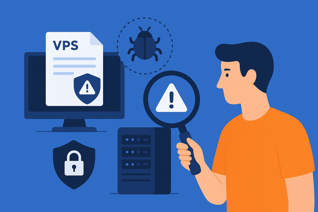 Мужчина с лупой проверяет сервер и документы VPS на наличие уязвимостей и угроз безопасности.