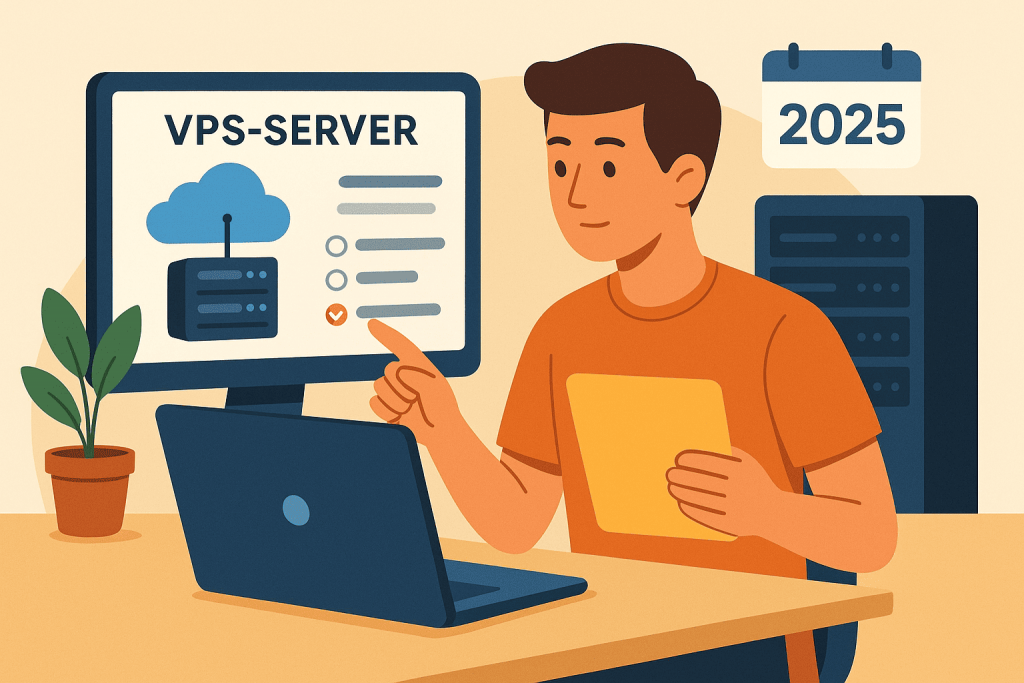 Мужчина настраивает VPS-сервер на компьютере рядом с серверным оборудованием и календарем на 2025 год.