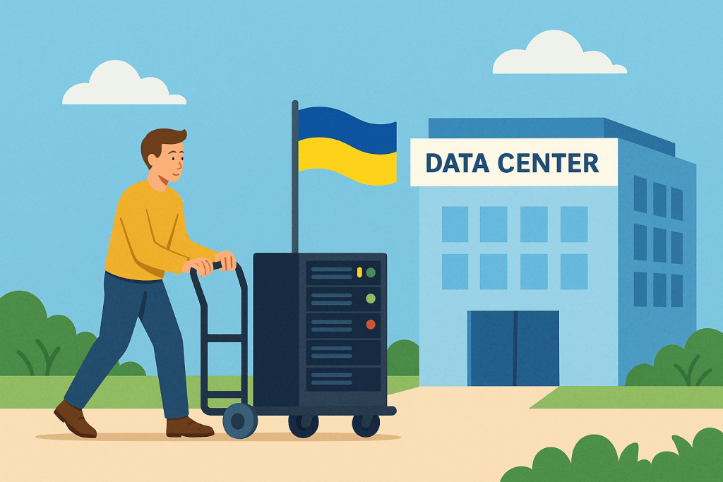 Мужчина везет сервер на тележке в дата-центр с флагом Украины.