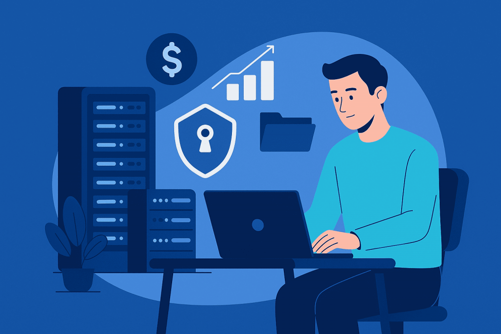 Человек работает за ноутбуком в серверной комнате, рядом с символами безопасности, финансов и роста.