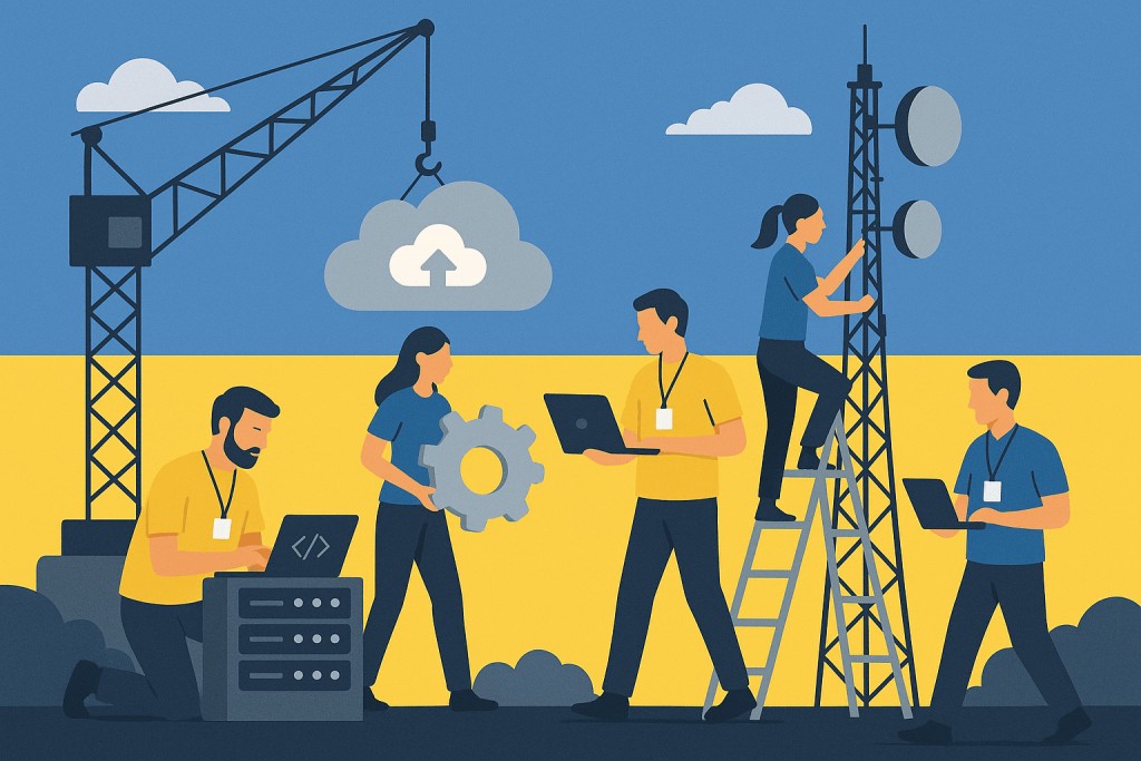 Команда специалистов работает над созданием ИТ-инфраструктуры на фоне украинского флага.