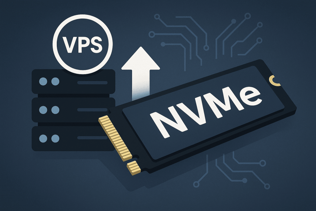 NVMe-накопитель рядом с сервером VPS и стрелкой вверх, что указывает на рост производительности.