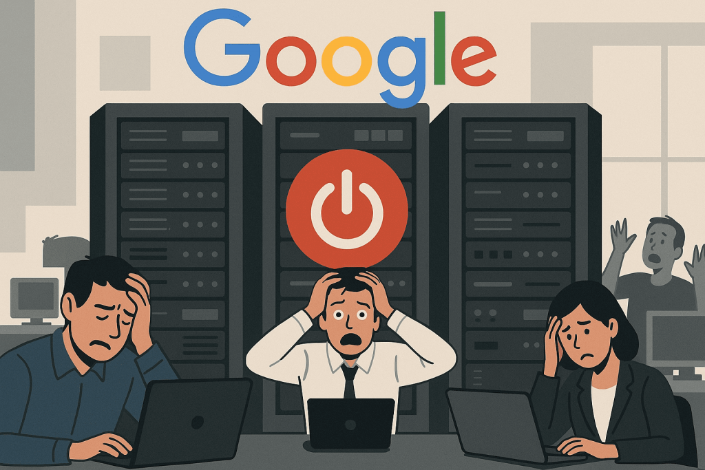 Сотрудники в панике сидят перед ноутбуками на фоне серверных стоек Google, одновременно вышедших из строя.